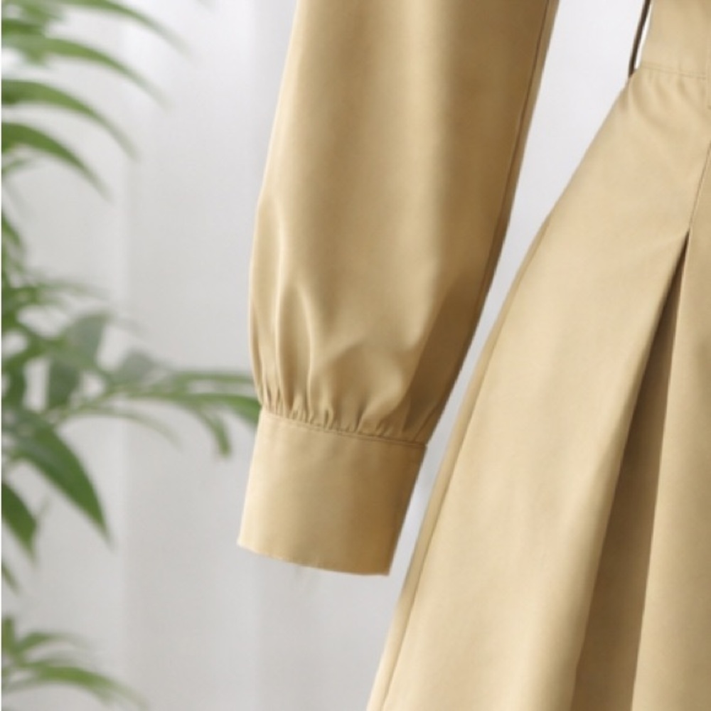 Cropped Khaki Jacket and Pleated Skirt Set - Khaki with White Trim - Picture 6 of 8